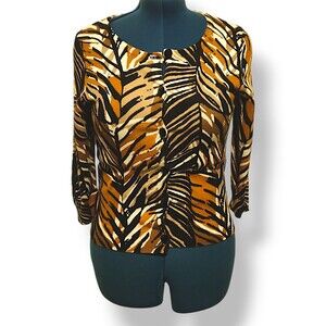 RUBY RD Women's Petite Large Tropical Safari print Button Cardigan, 3/4 sleeve